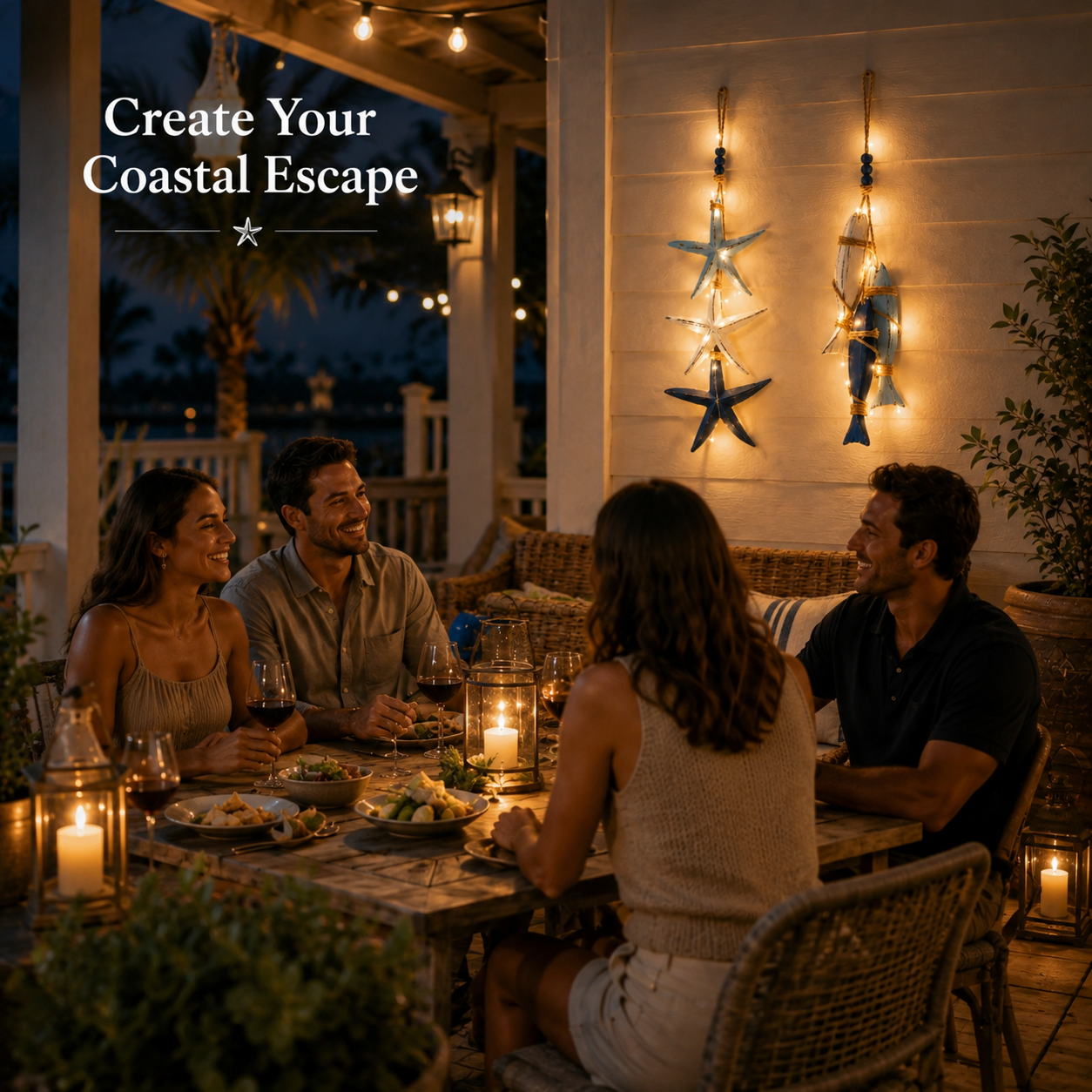 23.2 in × 6.7 in Lighted Coastal Wooden Starfish & Fish Hanging Decor