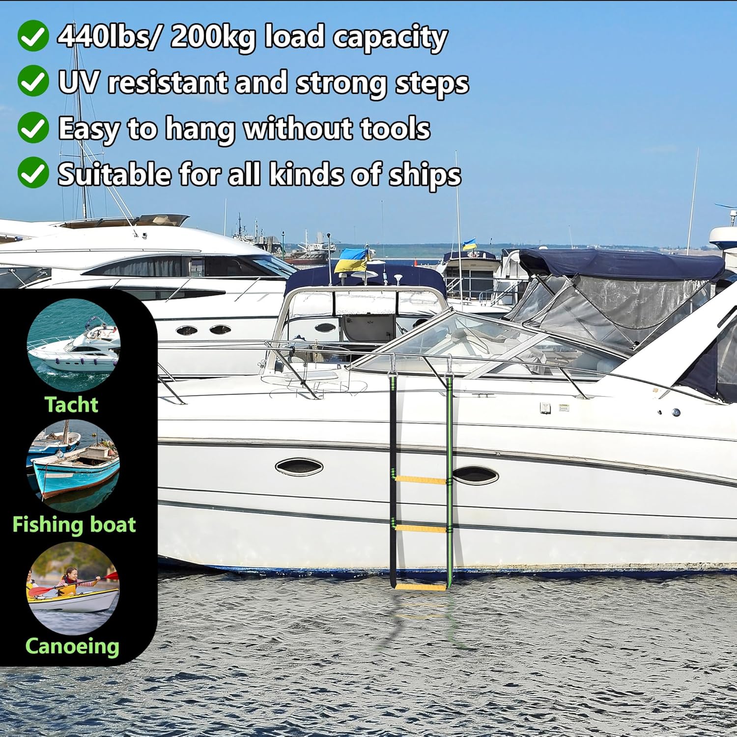 Folding Soft Ladder with Hook – Boarding Ladder for Inflatable Rubber Boats, Portable & Easy to Attach