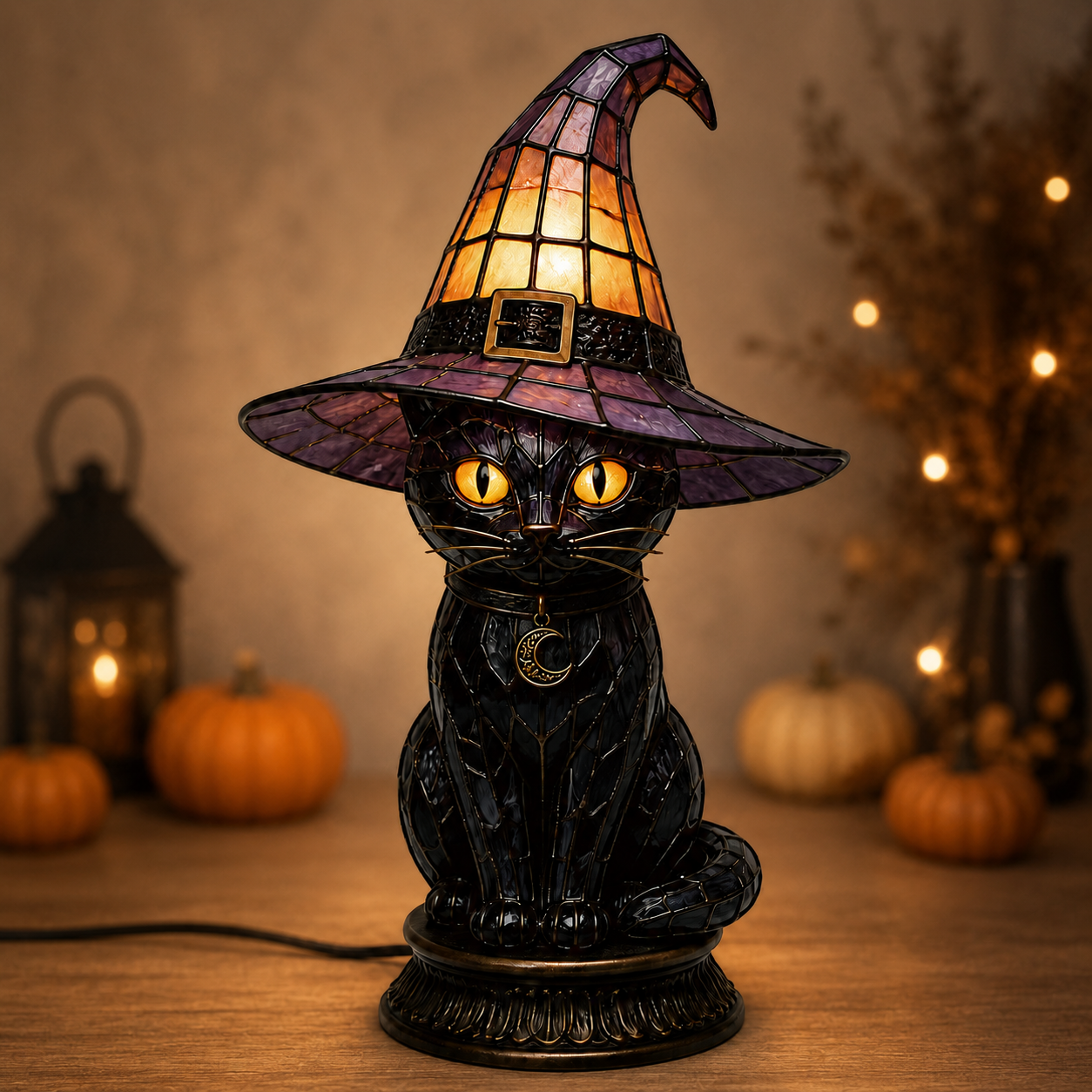 🐈Mystic Witch Cat Lamp ✨  Gothic Stained Glass Halloween Decor 🔥