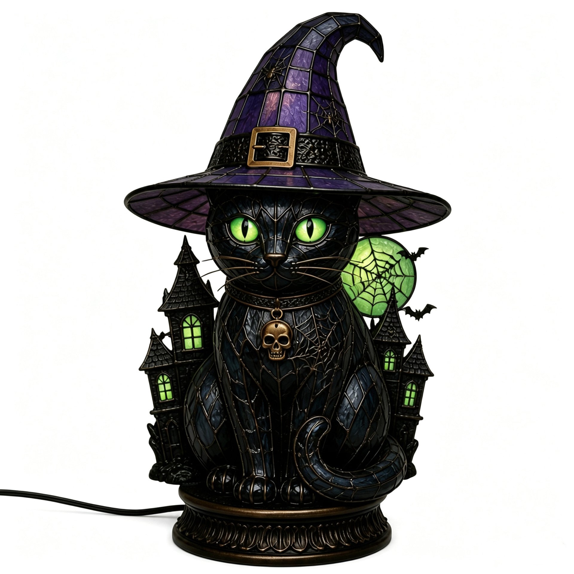 🐈Mystic Witch Cat Lamp ✨  Gothic Stained Glass Halloween Decor 🔥