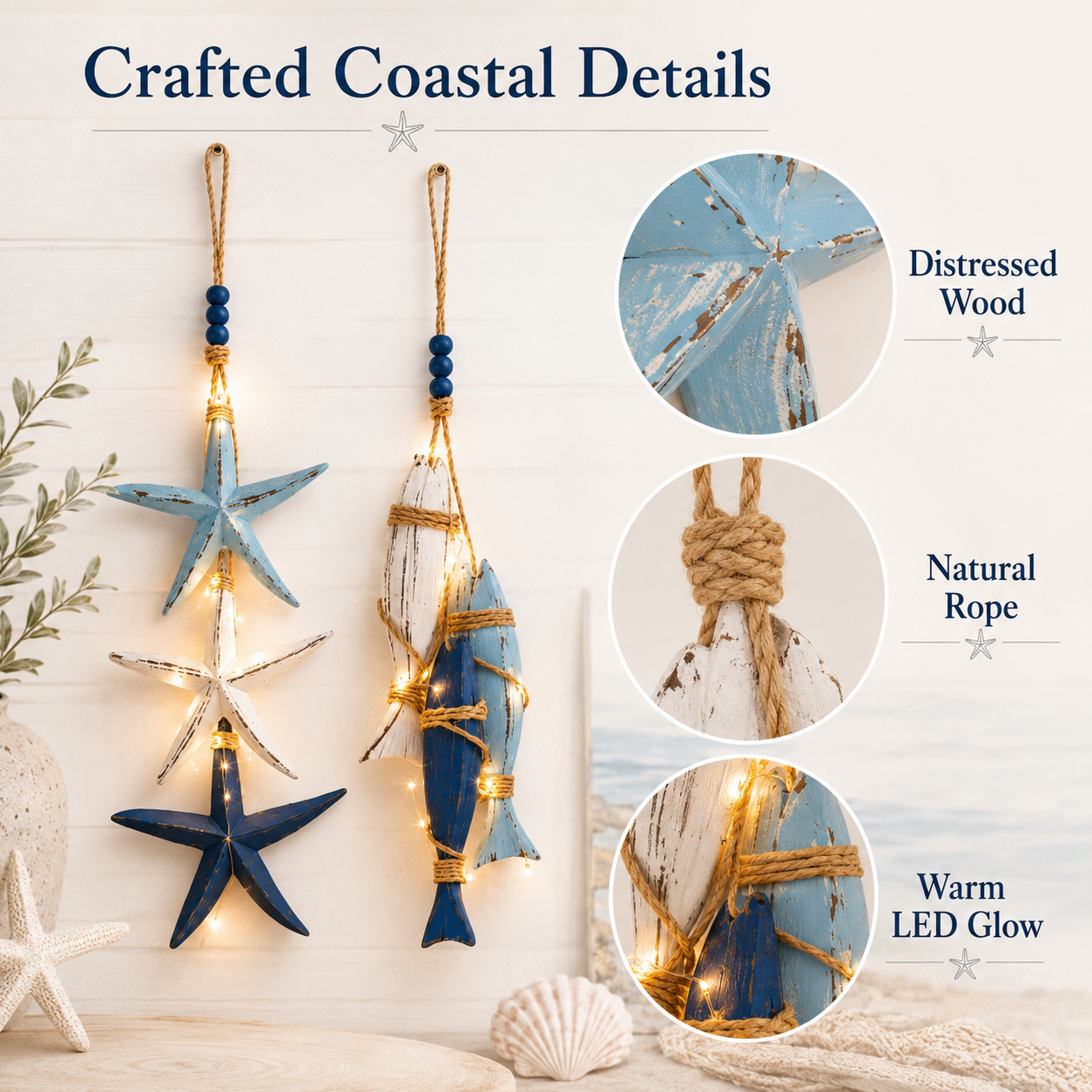 23.2 in × 6.7 in Lighted Coastal Wooden Starfish & Fish Hanging Decor