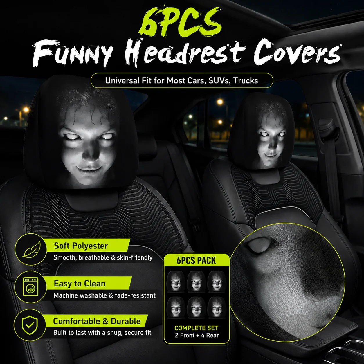 Save 60% Today 😆 Funny Cartoon Car Headrest Covers – 2PCS Universal Fit 🚗