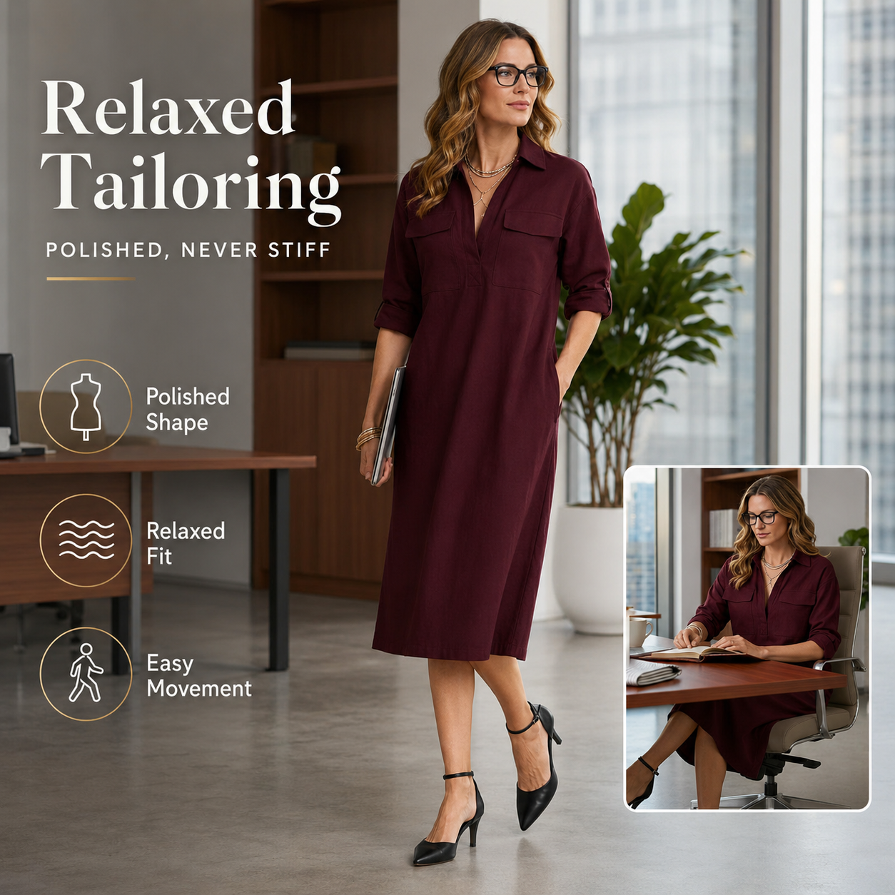 Women's Elegant Cotton-Linen Blend Shirt Collar Mid-Sleeve Midi Dress