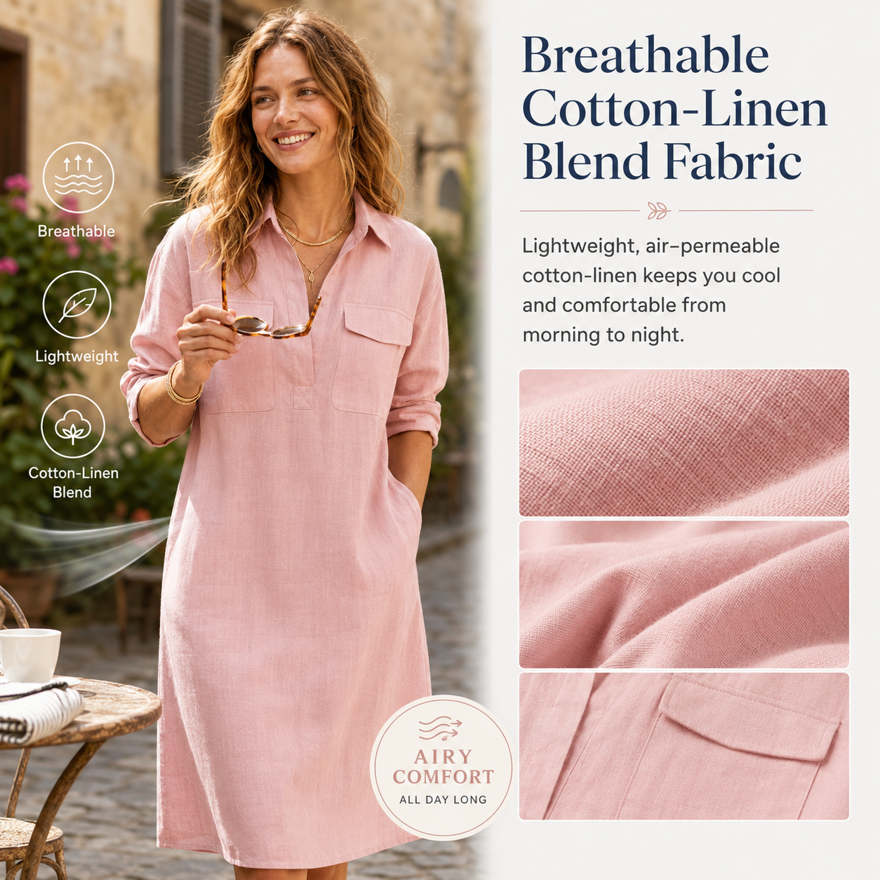 Women's Elegant Cotton-Linen Blend Shirt Collar Mid-Sleeve Midi Dress