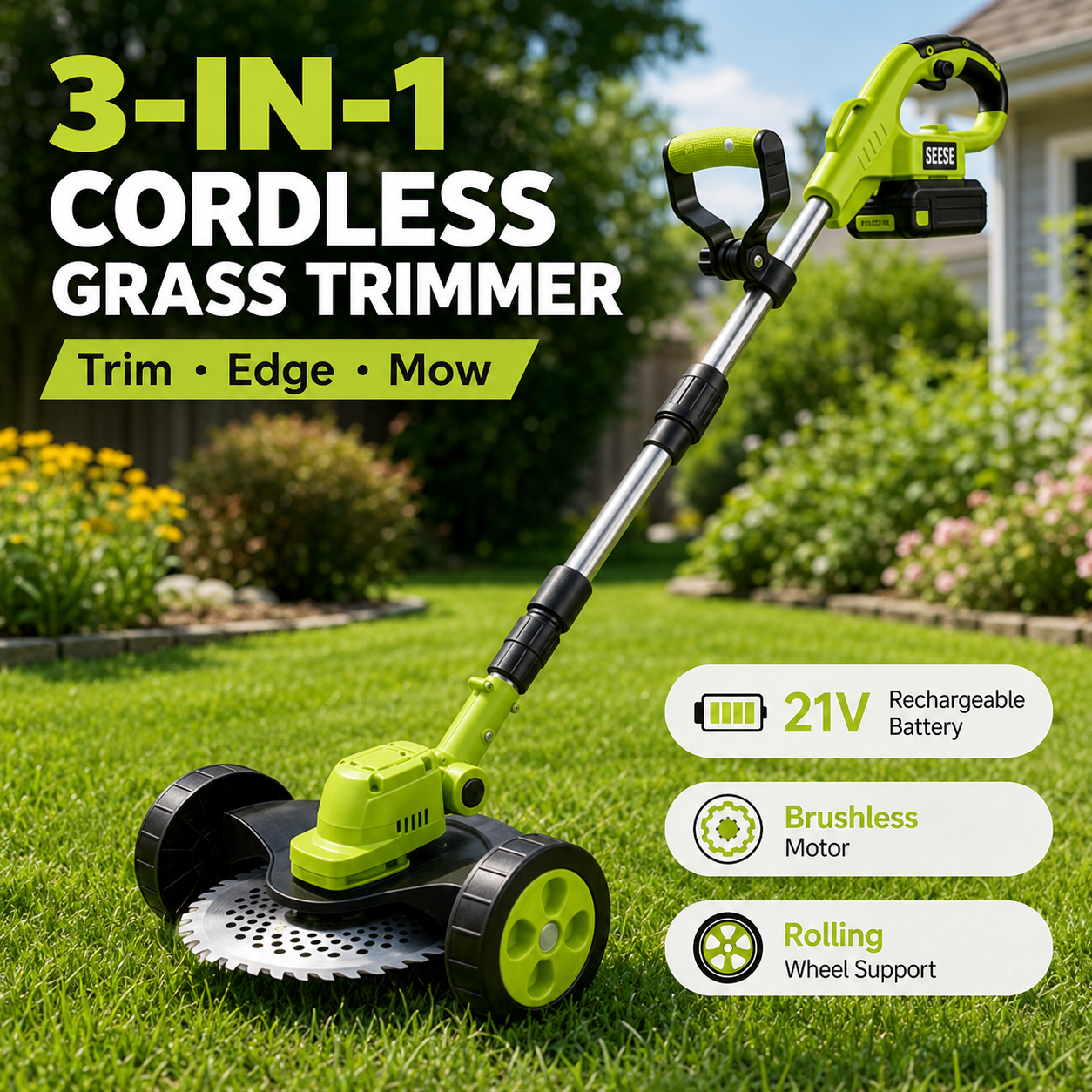 🌿⚡21V 3-in-1 Cordless String Trimmer, Edger & Mini Mower – 2 Batteries Included