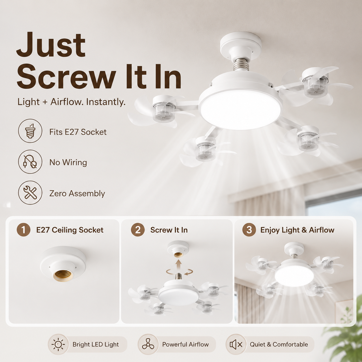 🔥70％ OFF 💡 E27 Screw-In Smart Fan & LED Light