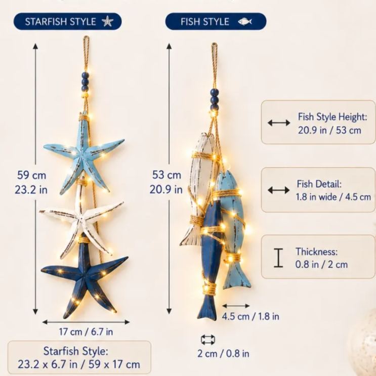 23.2 in × 6.7 in Lighted Coastal Wooden Starfish & Fish Hanging Decor