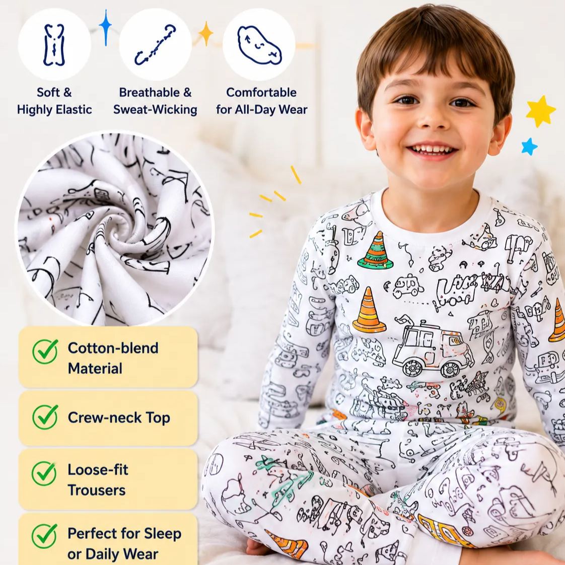 Colorable Two Piece Pajama Set | Construction Zone