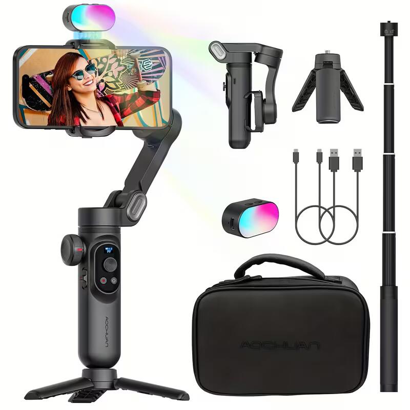 [Tiktok Youtube-hoz] Professzionális 3 tengelyes okostelefon gimbal stabilizátor kombináció RGB töltőfény hosszabbító rúd tároló tok OLED kijelző stabilizátor 15 Pro Max Tiktok Youtube-hoz (Smartxpro Combo1)