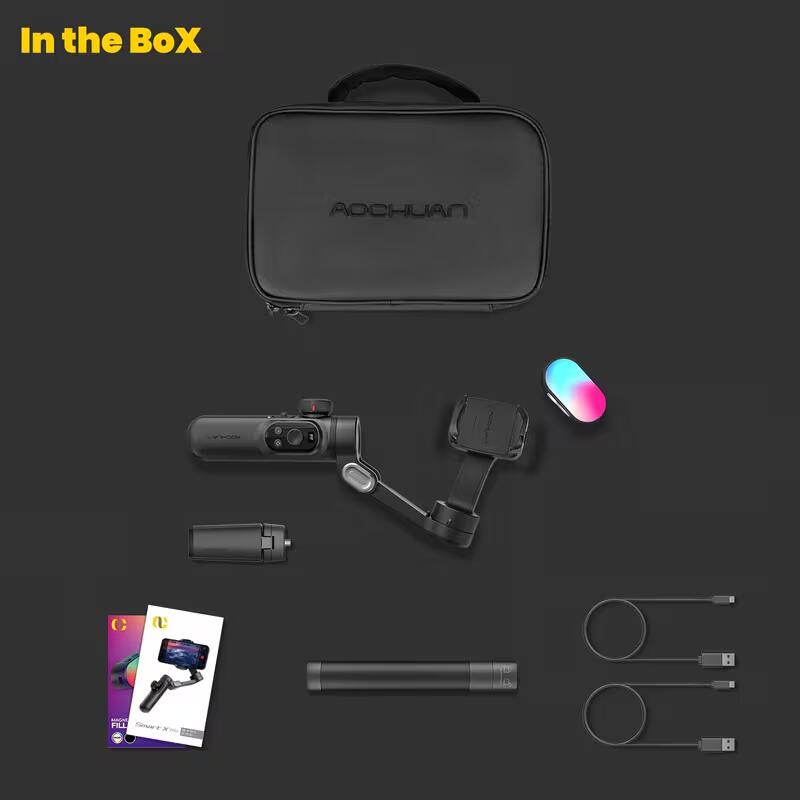 [Tiktok Youtube-hoz] Professzionális 3 tengelyes okostelefon gimbal stabilizátor kombináció RGB töltőfény hosszabbító rúd tároló tok OLED kijelző stabilizátor 15 Pro Max Tiktok Youtube-hoz (Smartxpro Combo1)