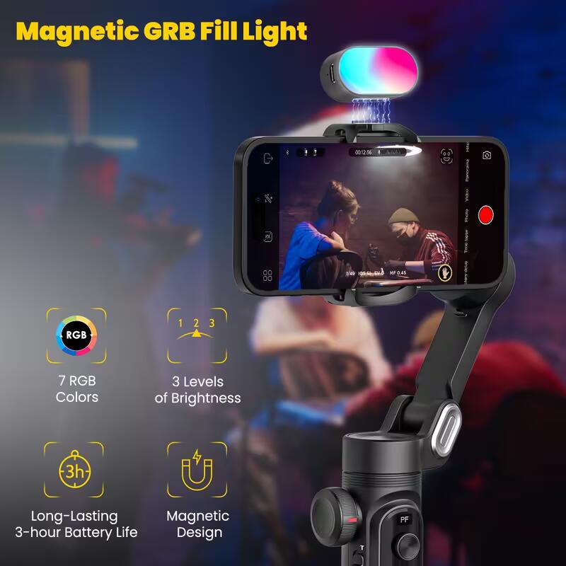 [Tiktok Youtube-hoz] Professzionális 3 tengelyes okostelefon gimbal stabilizátor kombináció RGB töltőfény hosszabbító rúd tároló tok OLED kijelző stabilizátor 15 Pro Max Tiktok Youtube-hoz (Smartxpro Combo1)