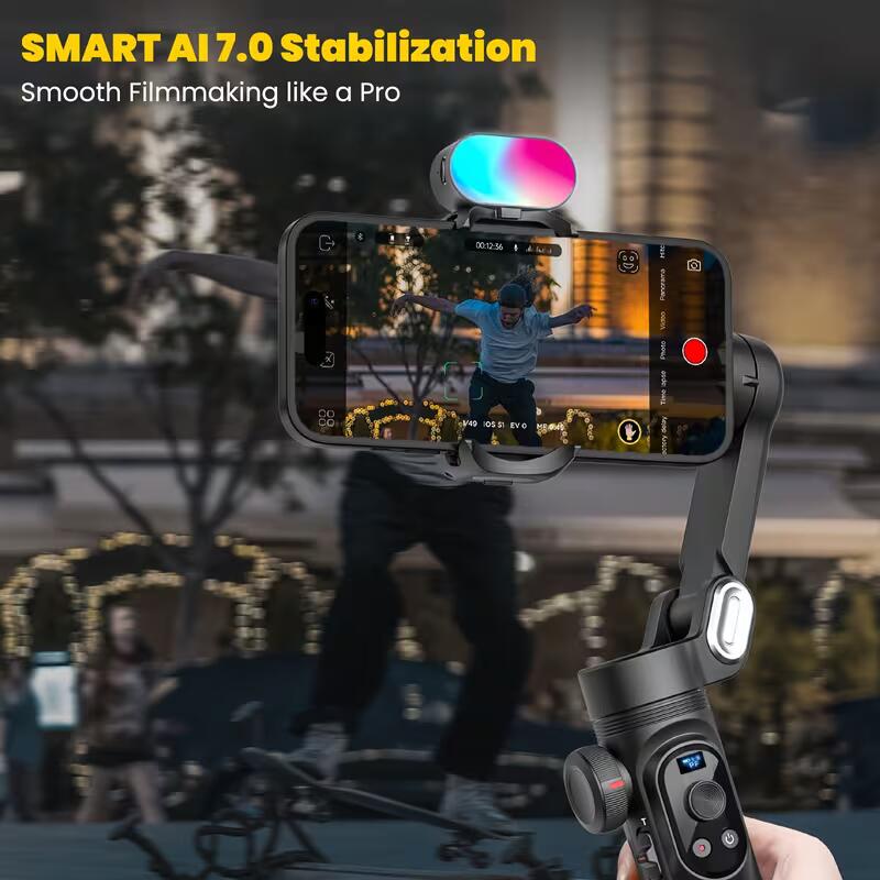 [Tiktok Youtube-hoz] Professzionális 3 tengelyes okostelefon gimbal stabilizátor kombináció RGB töltőfény hosszabbító rúd tároló tok OLED kijelző stabilizátor 15 Pro Max Tiktok Youtube-hoz (Smartxpro Combo1)