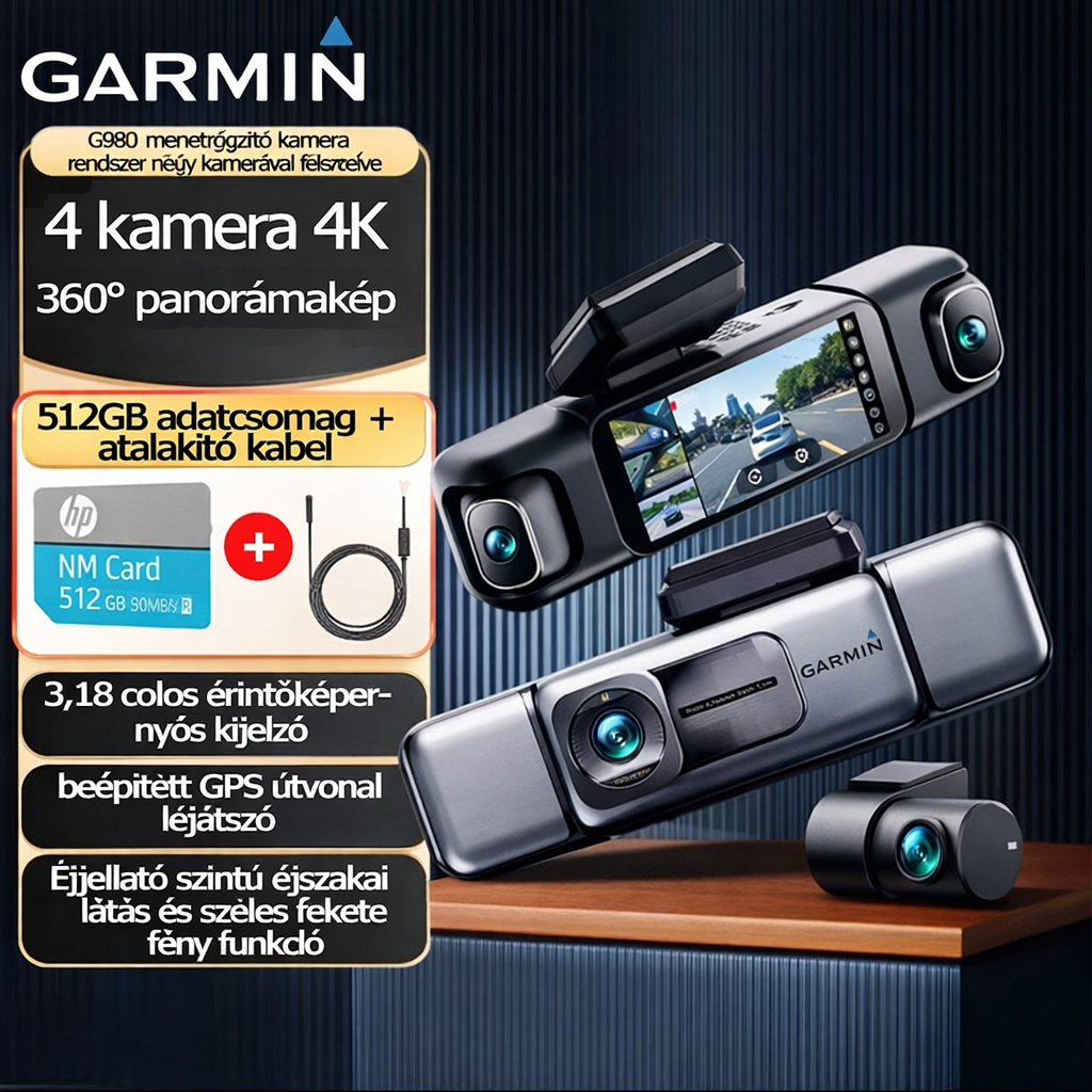 A Garmin G980 intelligens autós kamera mesterséges intelligenciával és hangvezérléssel rendelkezik, és négy kamerával van felszerelve, amelyek támogatják a 360°-os panorámafelvételt, a 4K ultra-nagyfelbontású éjjellátót és a GPS-es helymeghatározást.