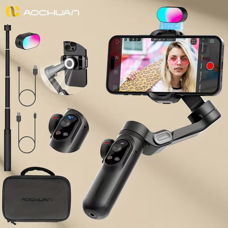 [Tiktok Youtube-hoz] Professzionális 3 tengelyes okostelefon gimbal stabilizátor kombináció RGB töltőfény hosszabbító rúd tároló tok OLED kijelző stabilizátor 15 Pro Max Tiktok Youtube-hoz (Smartxpro Combo1)