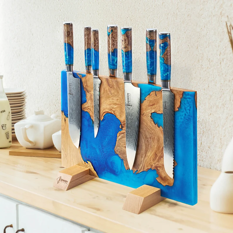 Extra Large "Tsunami " Magnetic Knife Block - Holds Up to 16 Knives - Beautiful Blue Resin & Natural Wood Blend, Universal Knife Holder