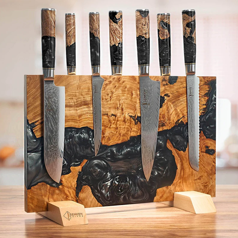 Extra Large "Tsunami " Magnetic Knife Block - Holds Up to 16 Knives - Beautiful Blue Resin & Natural Wood Blend, Universal Knife Holder