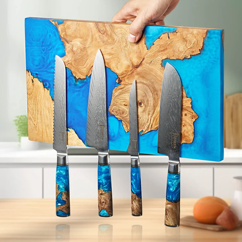 Extra Large "Tsunami " Magnetic Knife Block - Holds Up to 16 Knives - Beautiful Blue Resin & Natural Wood Blend, Universal Knife Holder