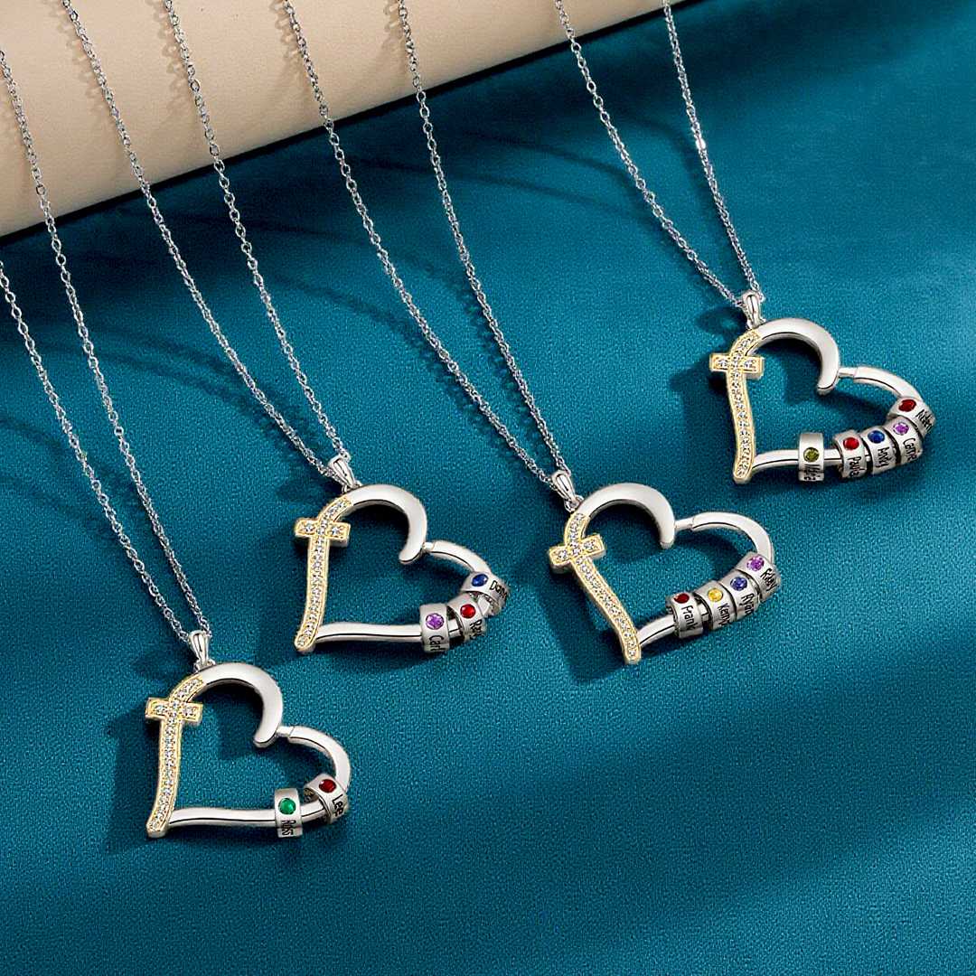 Personalised 2-5 Names Beads Cross Heart Shaped Birthstones Necklace for Her