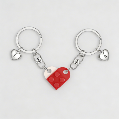 2-Names Personalised Letter Heart-Shape Building Blocks Couple Keyring Engrave Letters Matching Couple Gifts, Special Gift For Him/Her