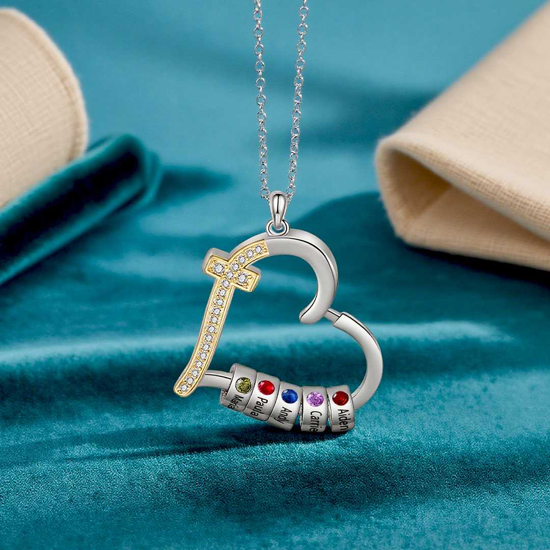 Personalised 2-5 Names Beads Cross Heart Shaped Birthstones Necklace for Her