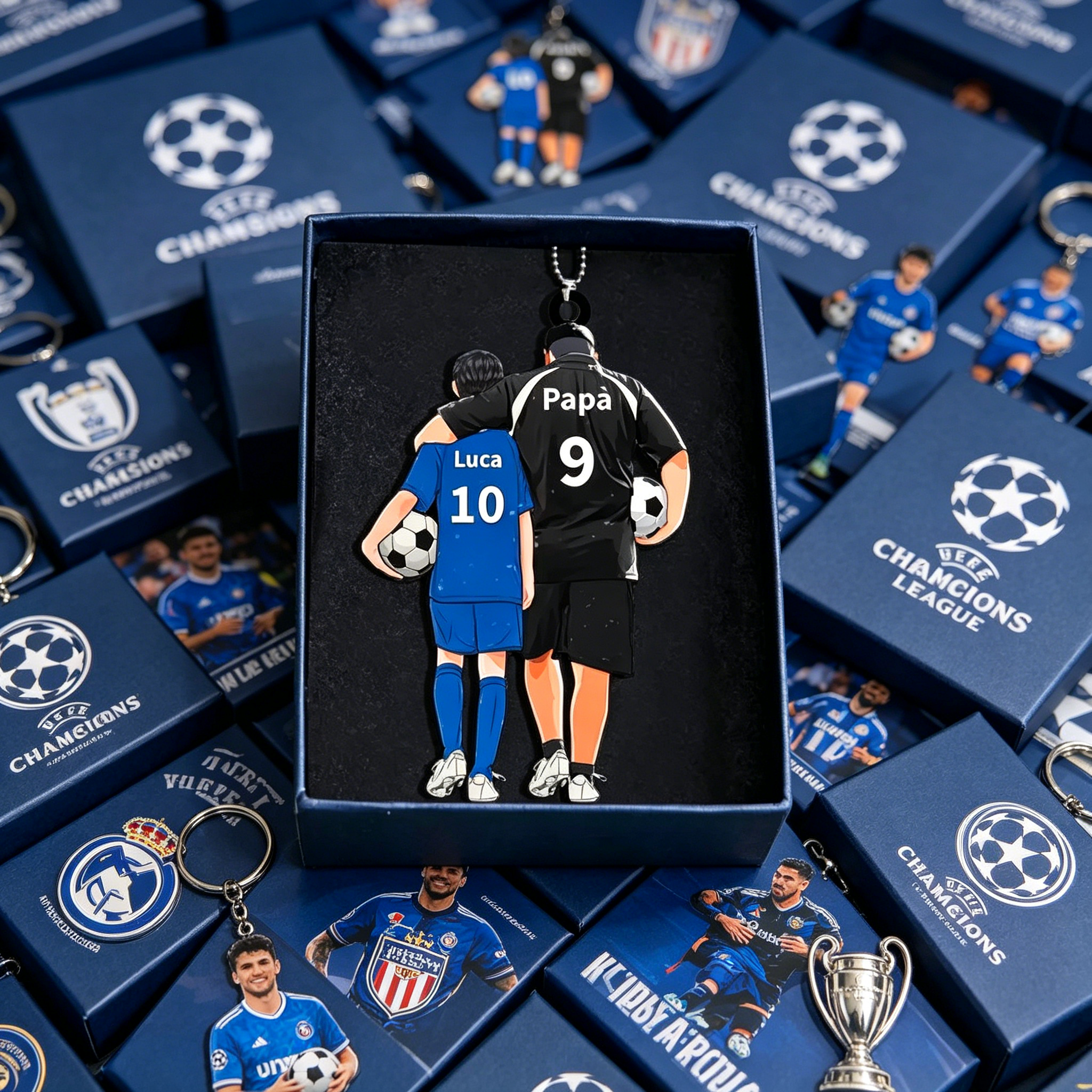 Personalised Acrylic Football Keyring for Dad & Child – Custom Names & Numbers Gift for Father’s Day