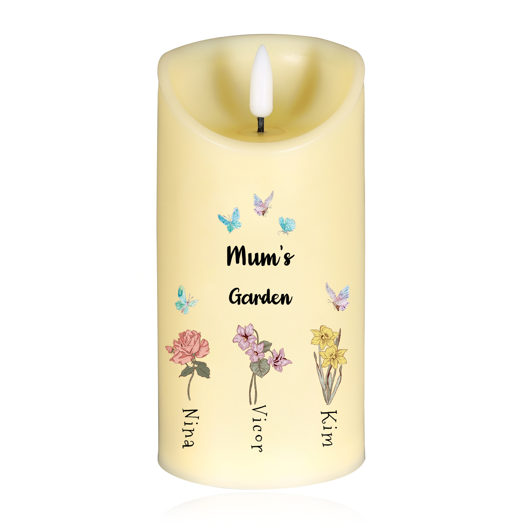 Personalised LED Flameless Candle, Custom 2 Texts & 1-6 Names Floral Gift For Her | Jessemade