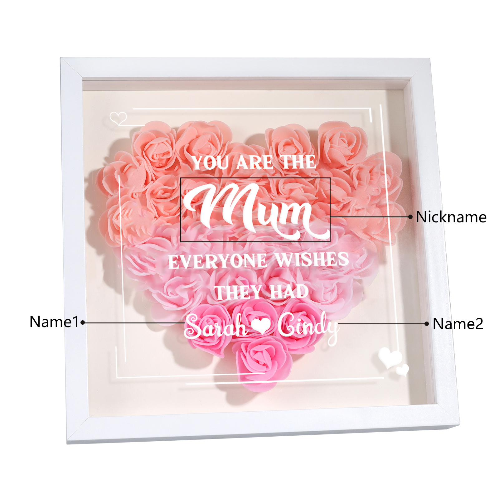 Personalised 1 Nickname & 2 Names Heart-Shaped Rose Shadow Box Frame – Custom Gift for Mum, Nan & Loved Ones| Jessemade
