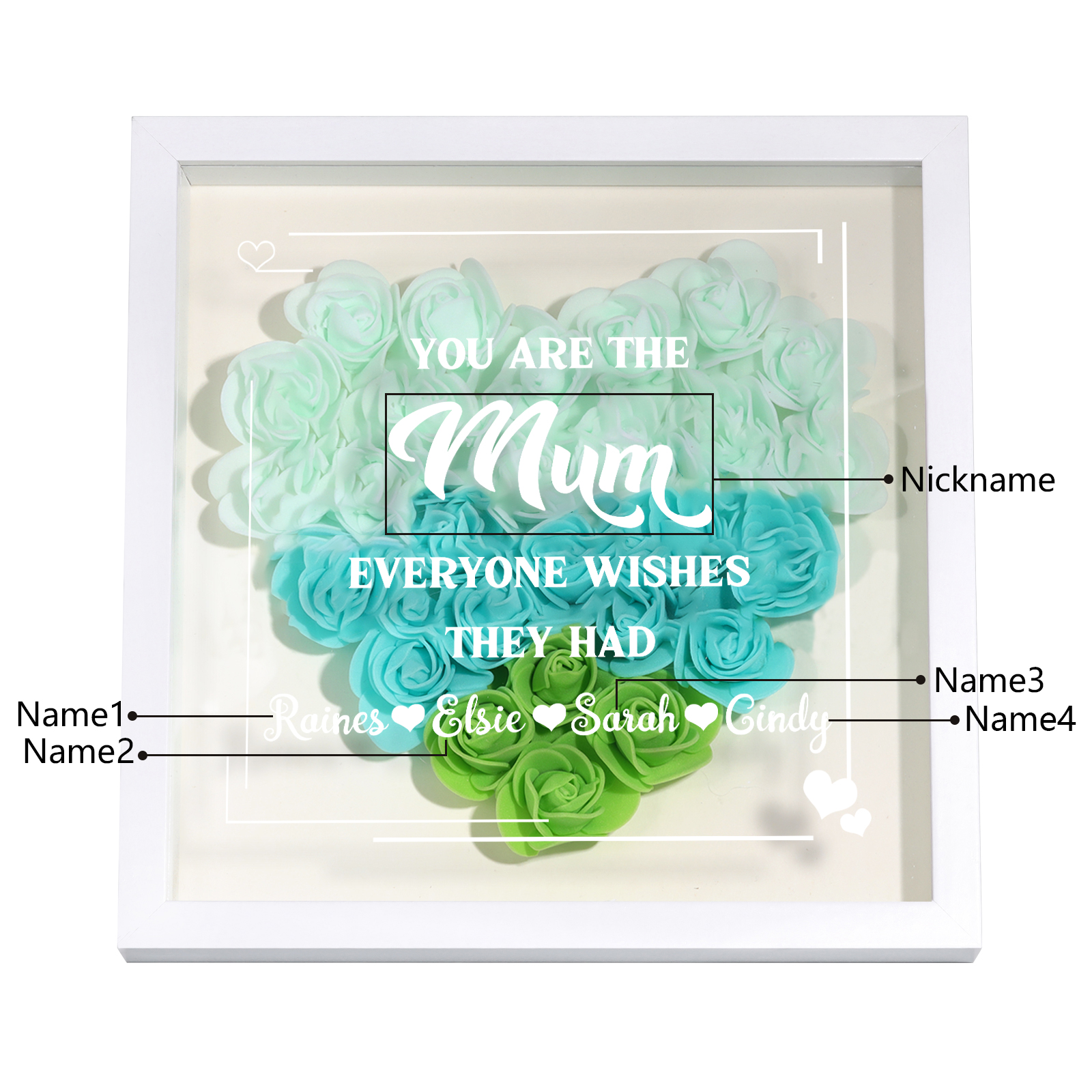 Personalised 1 Nickname & 4 Names Heart-Shaped Rose Shadow Box Frame – Custom Gift for Mum, Nan & Loved Ones| Jessemade
