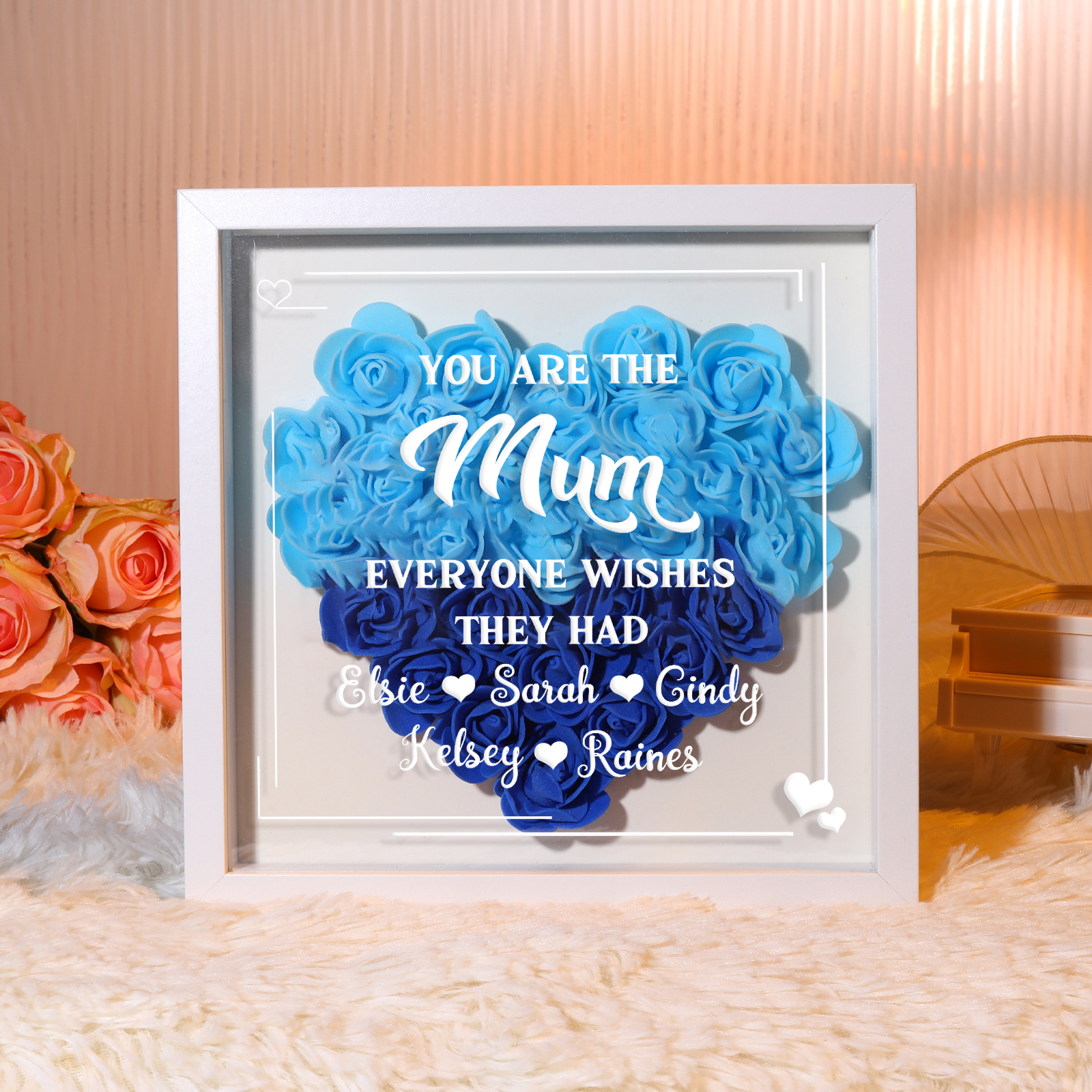 Personalised 1 Nickname & 4 Names Heart-Shaped Rose Shadow Box Frame –