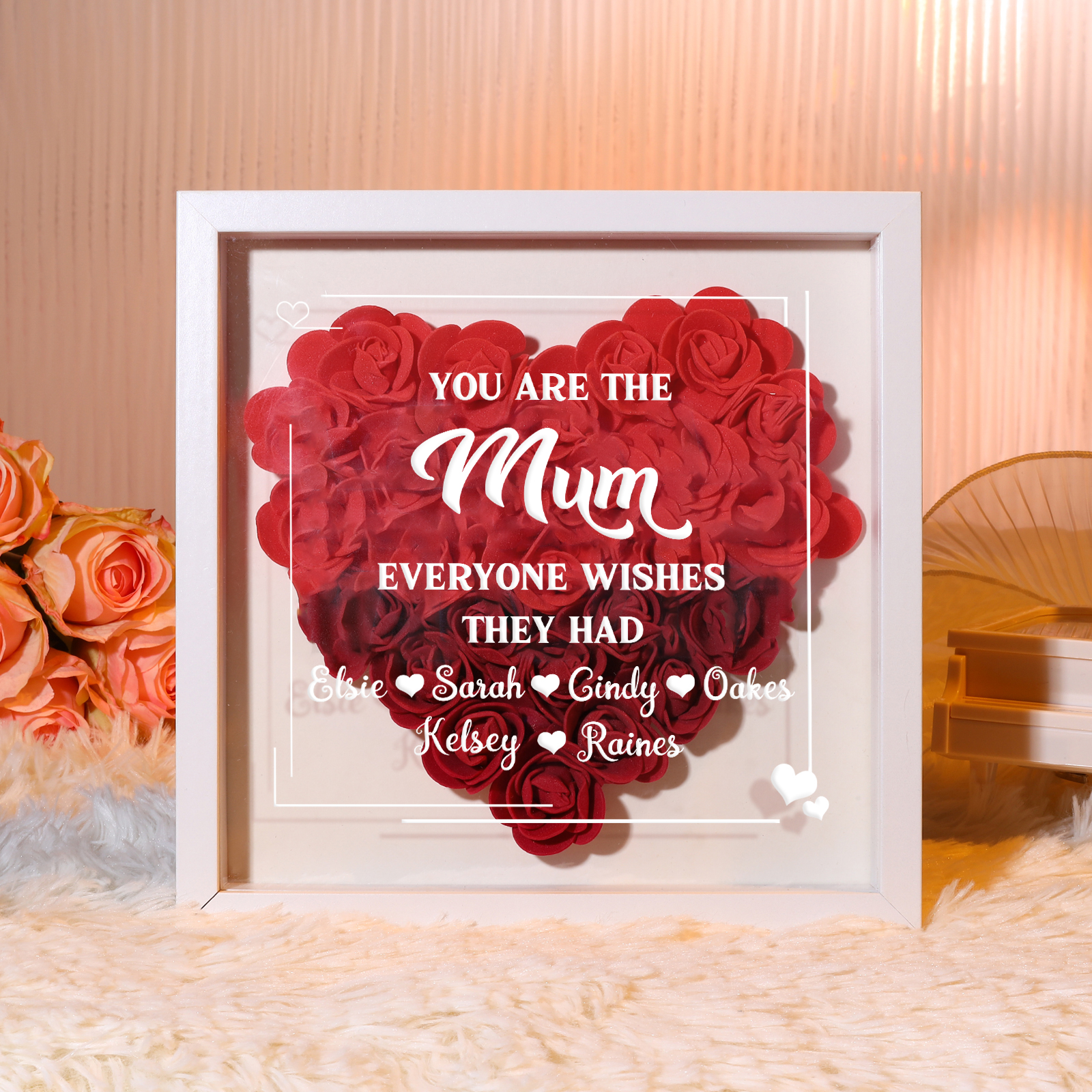 Personalised 1 Nickname & 6 Names Heart-Shaped Rose Shadow Box Frame – Custom Gift for Mum, Nan & Loved Ones| Jessemade