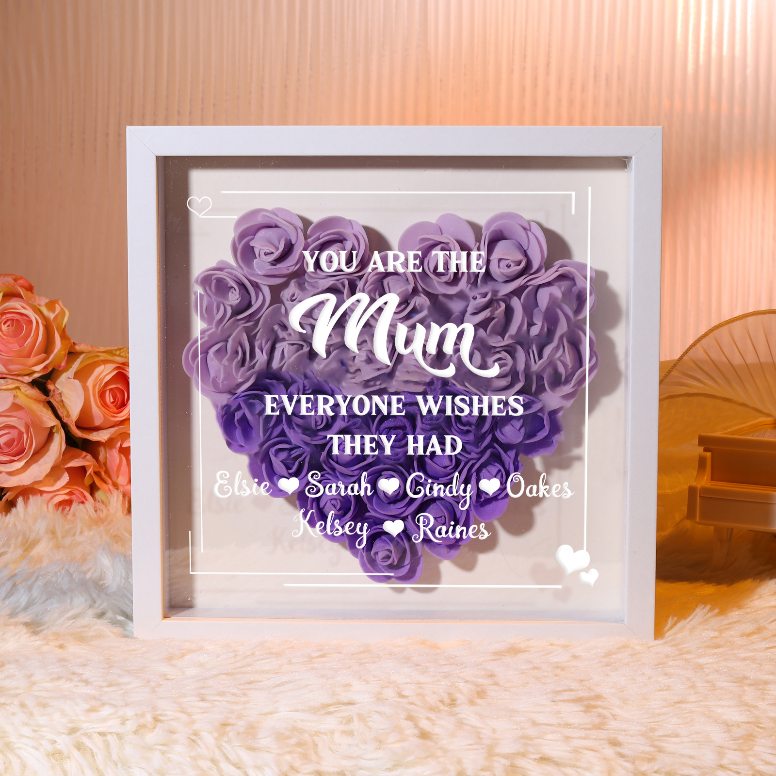 Personalised 1 Nickname & 6 Names Heart-Shaped Rose Shadow Box Frame – Custom Gift for Mum, Nan & Loved Ones| Jessemade
