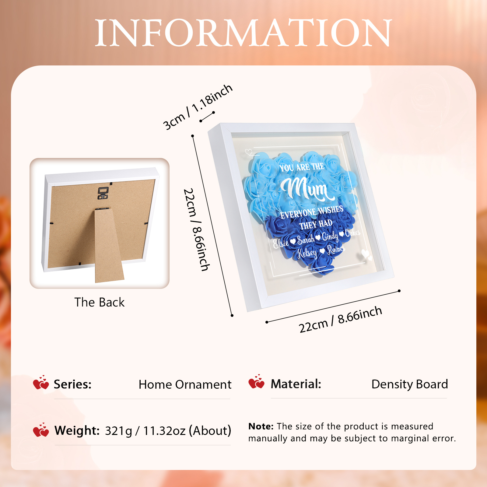 Personalised 1 Nickname & 6 Names Heart-Shaped Rose Shadow Box Frame – Custom Gift for Mum, Nan & Loved Ones| Jessemade