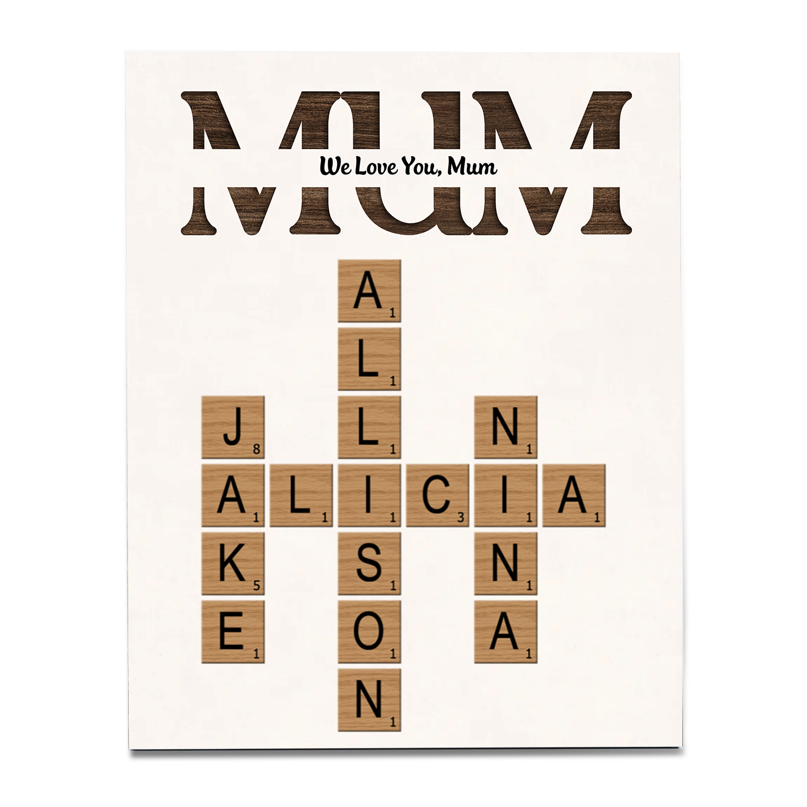 Personalised Crossword Wooden Ornament – with Custom 2-12 Names – "First Mum, Now Grandmother" – Unique Gift for Mum | Jessemade