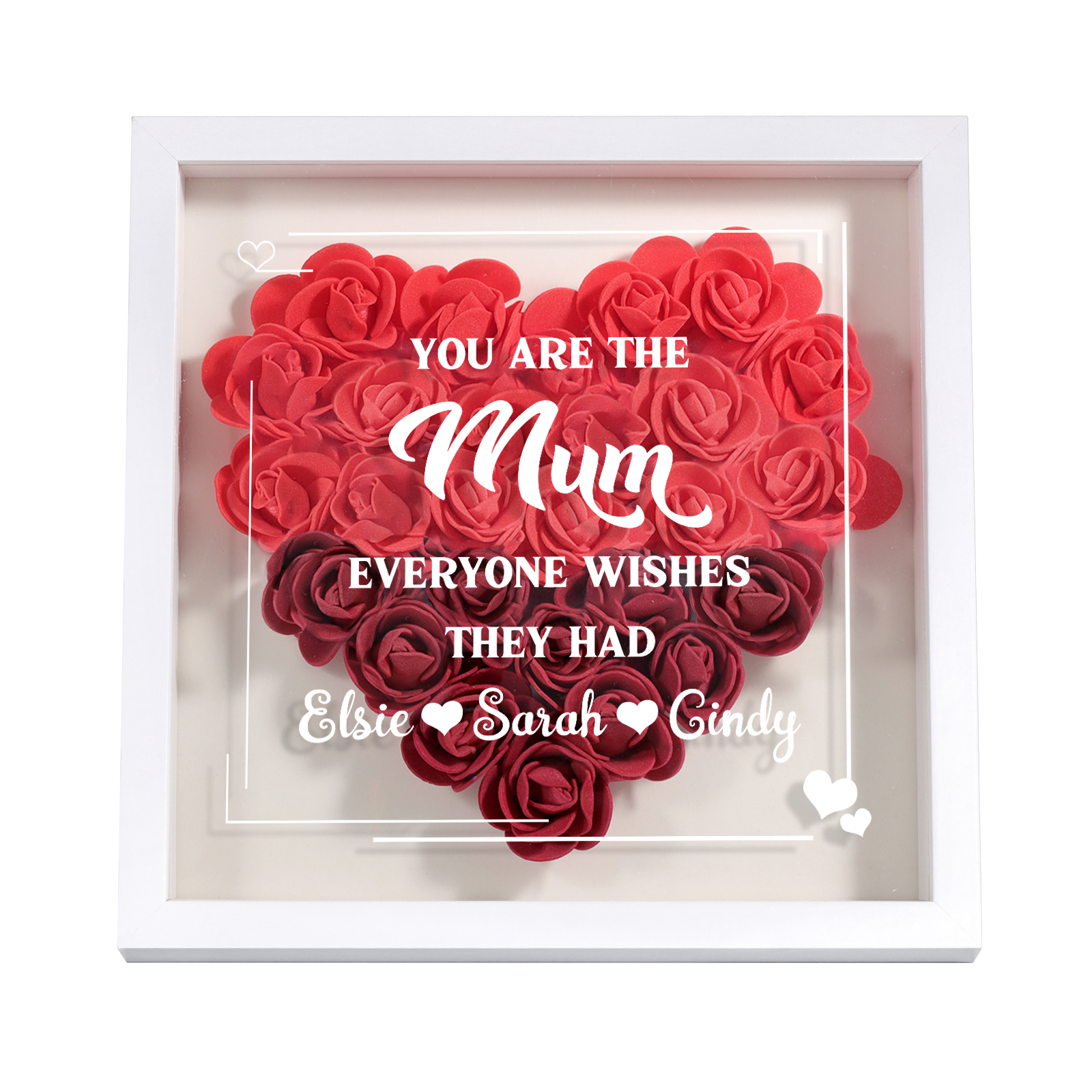 Personalised 1 Nickname & 3 Names Heart-Shaped Rose Shadow Box Frame – Custom Gift for Mum, Nan & Loved Ones| Jessemade