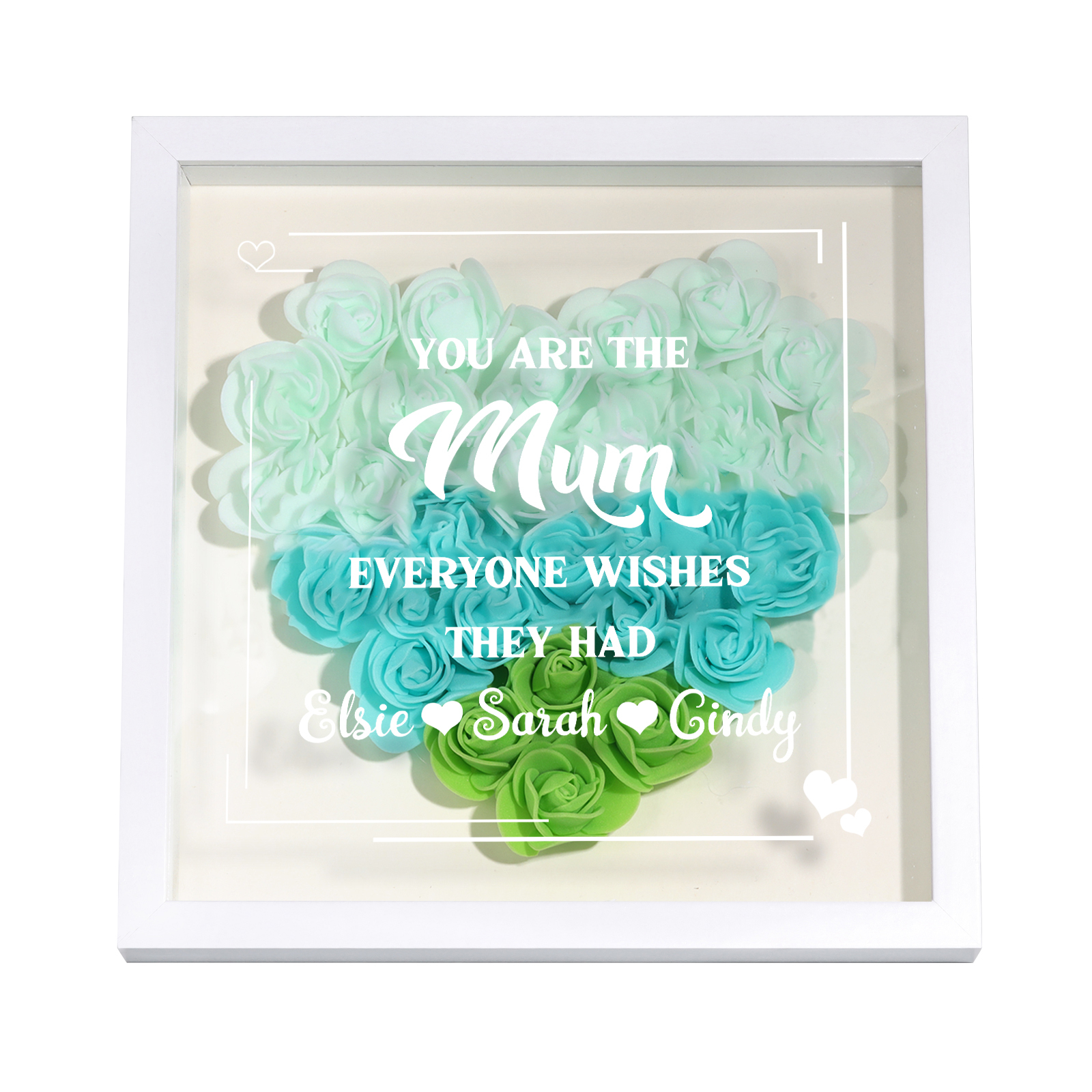 Personalised 1 Nickname & 3 Names Heart-Shaped Rose Shadow Box Frame – Custom Gift for Mum, Nan & Loved Ones| Jessemade