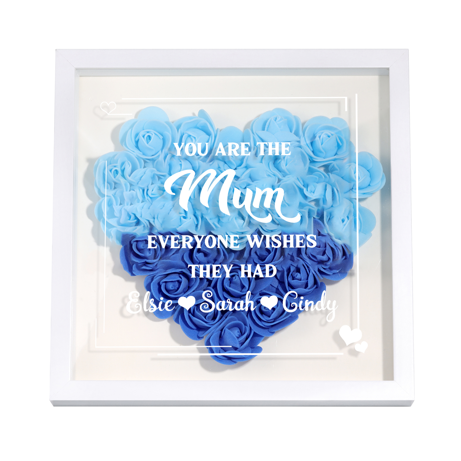 Personalised 1 Nickname & 3 Names Heart-Shaped Rose Shadow Box Frame – Custom Gift for Mum, Nan & Loved Ones| Jessemade