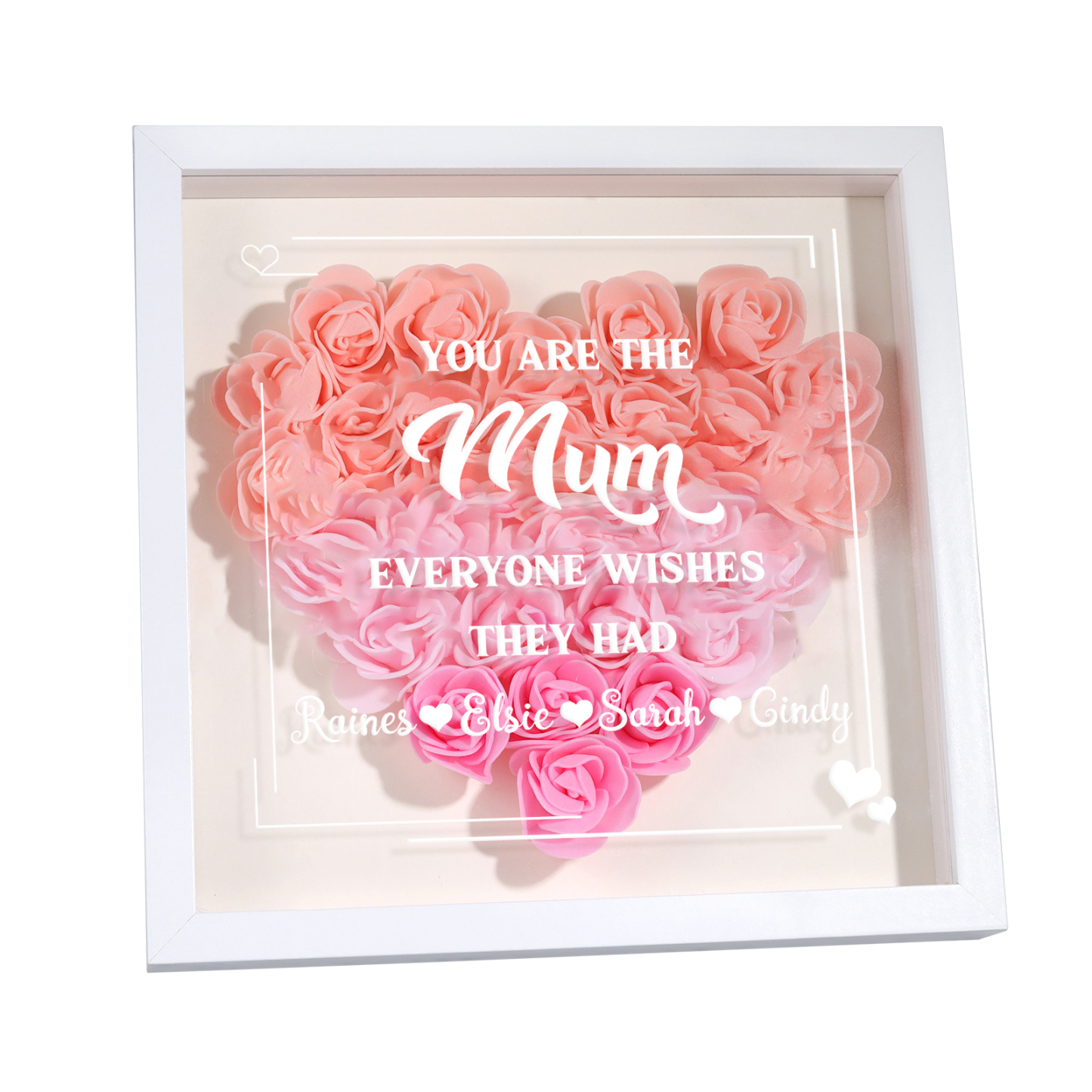 Personalised 1 Nickname & 4 Names Heart-Shaped Rose Shadow Box Frame – Custom Gift for Mum, Nan & Loved Ones| Jessemade