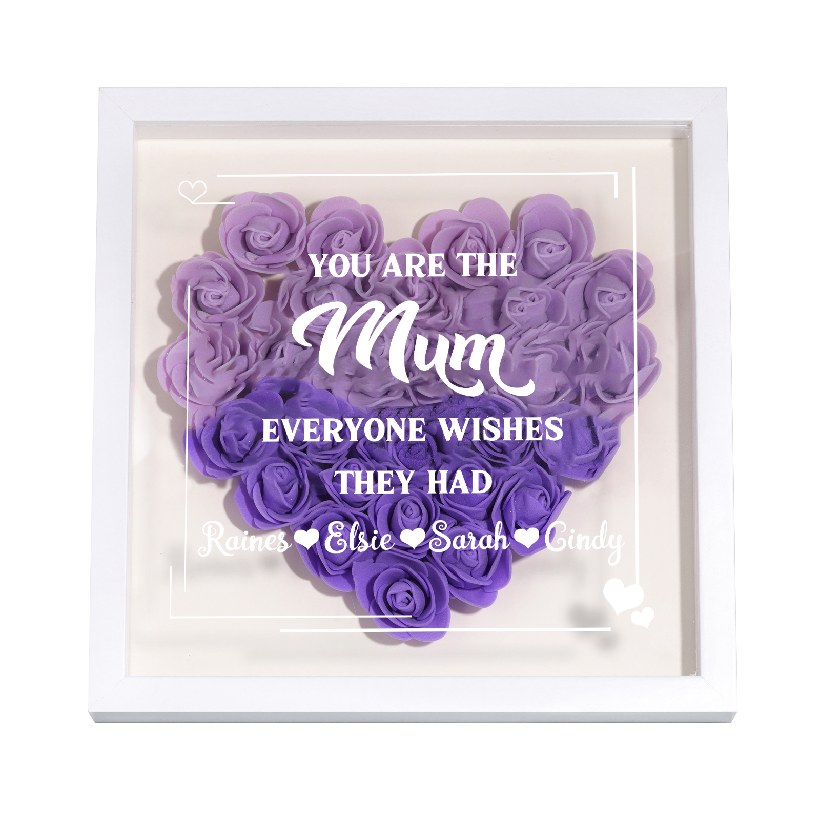 Personalised 1 Nickname & 4 Names Heart-Shaped Rose Shadow Box Frame – Custom Gift for Mum, Nan & Loved Ones| Jessemade