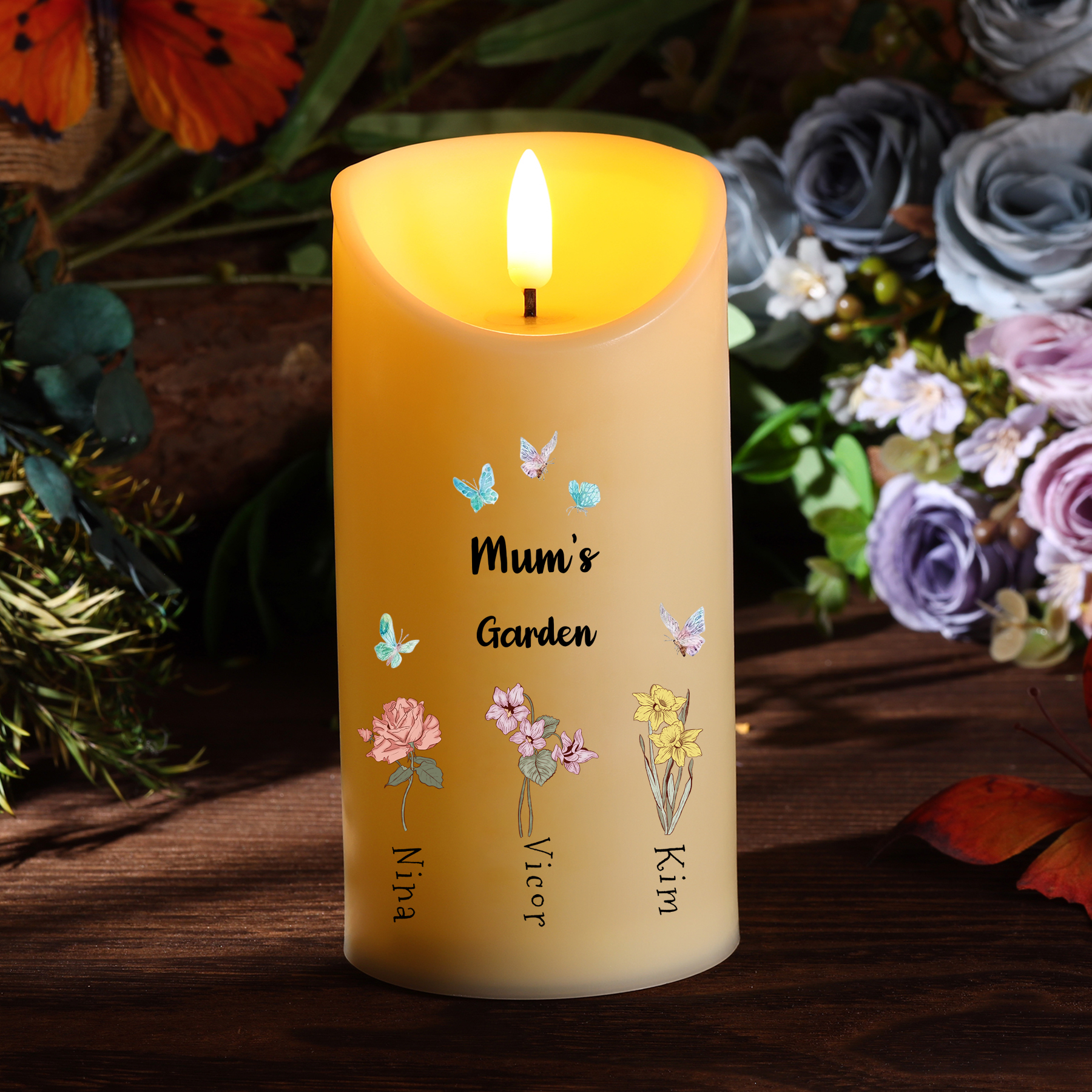 Personalised LED Flameless Candle, Custom 2 Texts & 1-6 Names Floral Gift For Her | Jessemade