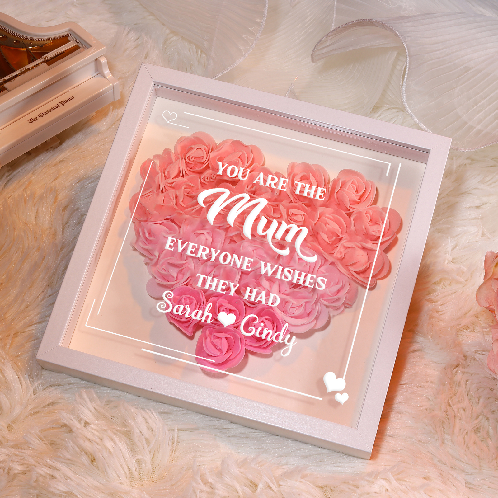 Personalised 1 Nickname & 2 Names Heart-Shaped Rose Shadow Box Frame – Custom Gift for Mum, Nan & Loved Ones| Jessemade