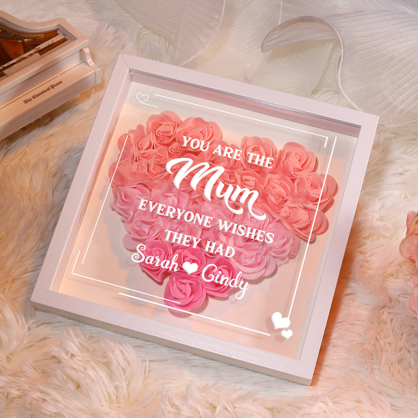 Personalised 1 Nickname & 2 Names Heart-Shaped Rose Shadow Box Frame – Custom Gift for Mum, Nan & Loved Ones| Jessemade