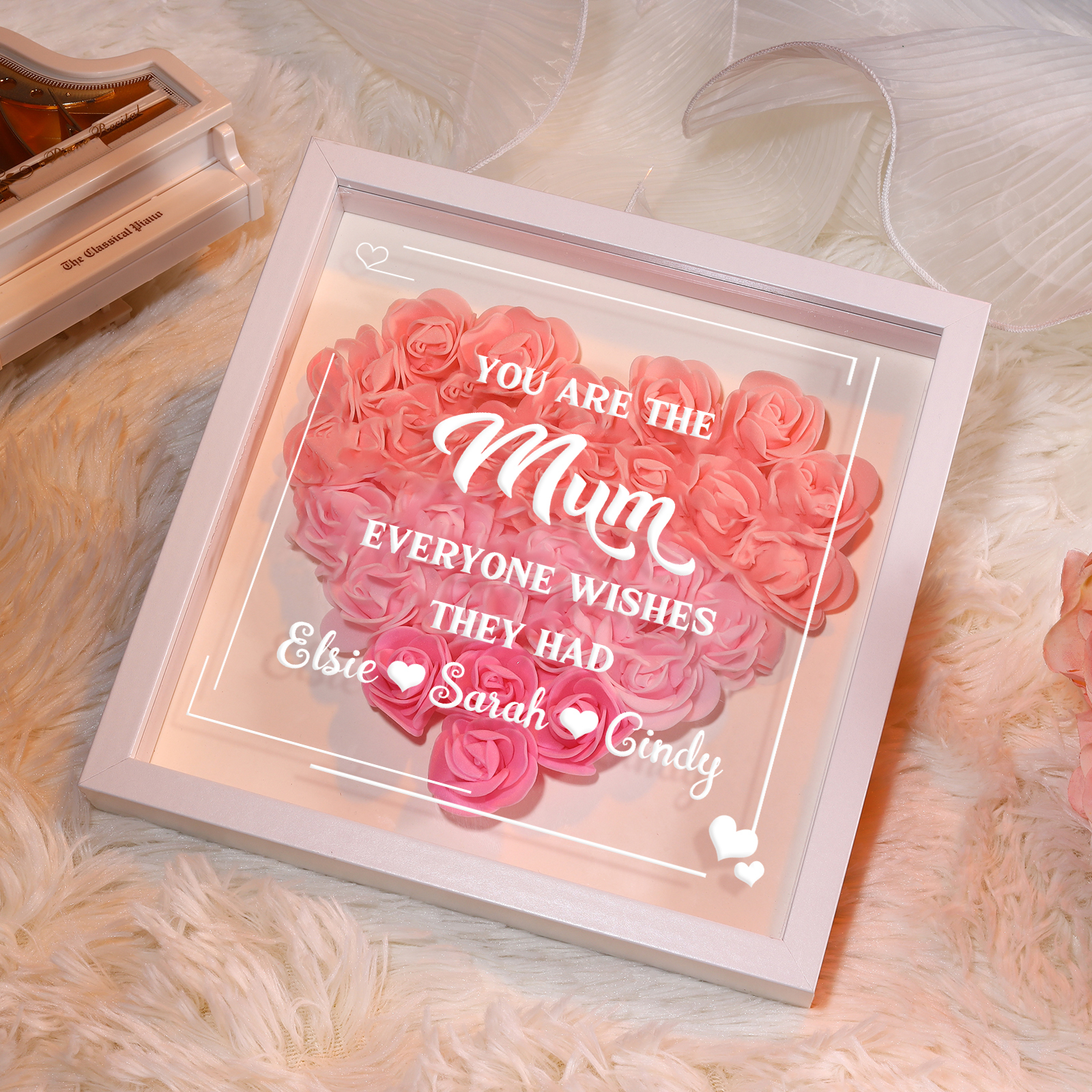 Personalised 1 Nickname & 3 Names Heart-Shaped Rose Shadow Box Frame – Custom Gift for Mum, Nan & Loved Ones| Jessemade