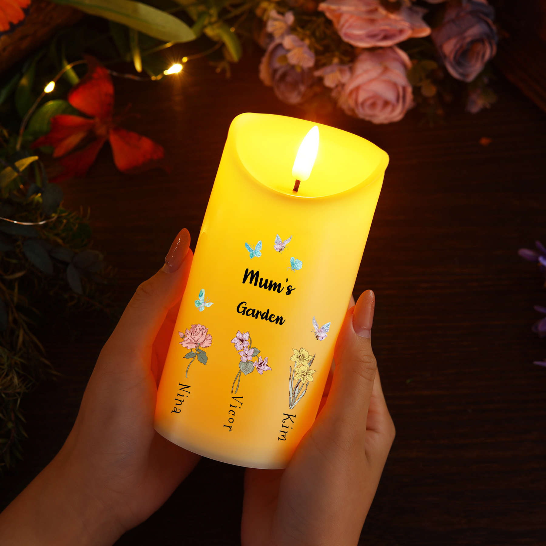 Personalised LED Flameless Candle, Custom 2 Texts & 1-6 Names Floral Gift For Her | Jessemade
