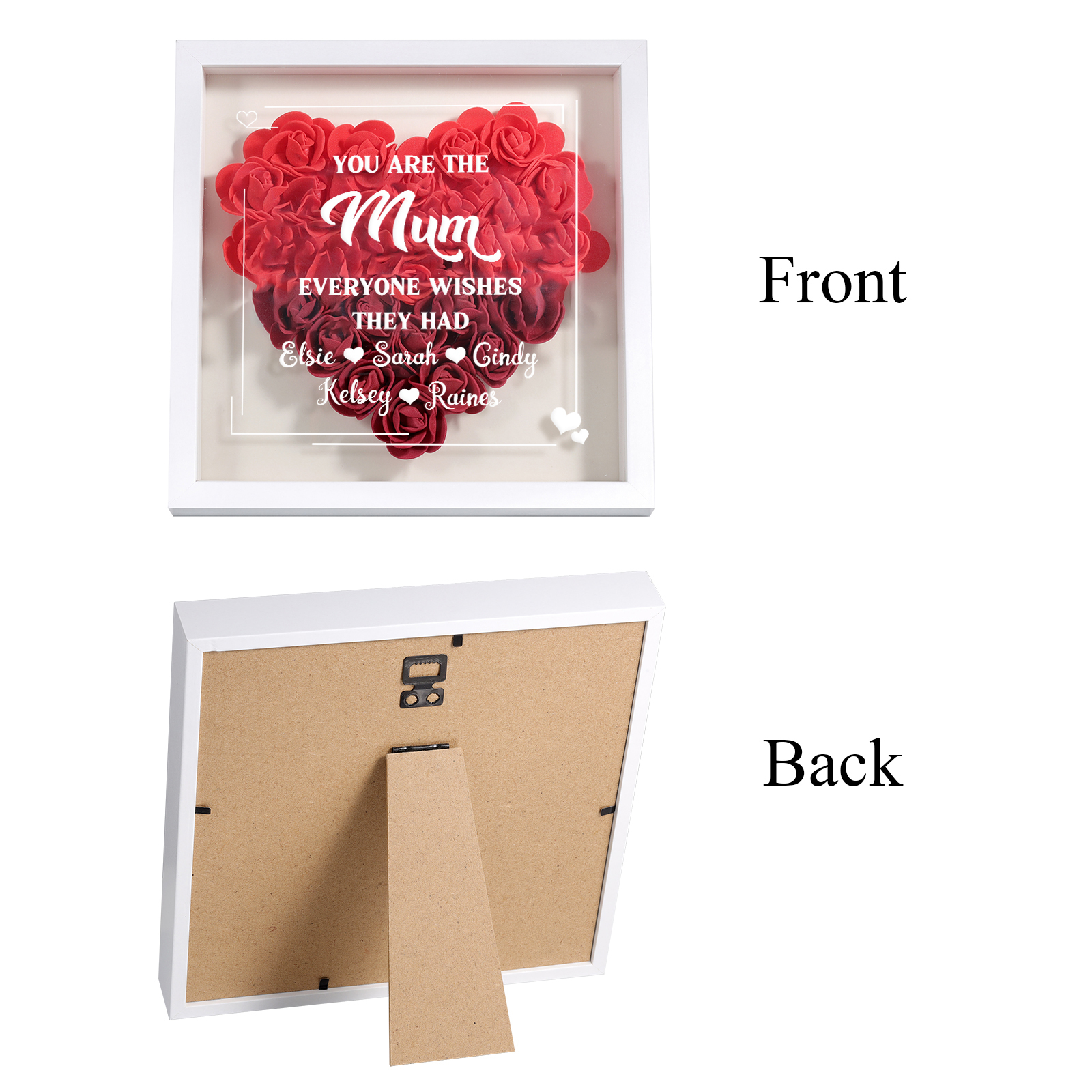 Personalised 1 Nickname & 5 Names Heart-Shaped Rose Shadow Box Frame – Custom Gift for Mum, Nan & Loved Ones| Jessemade