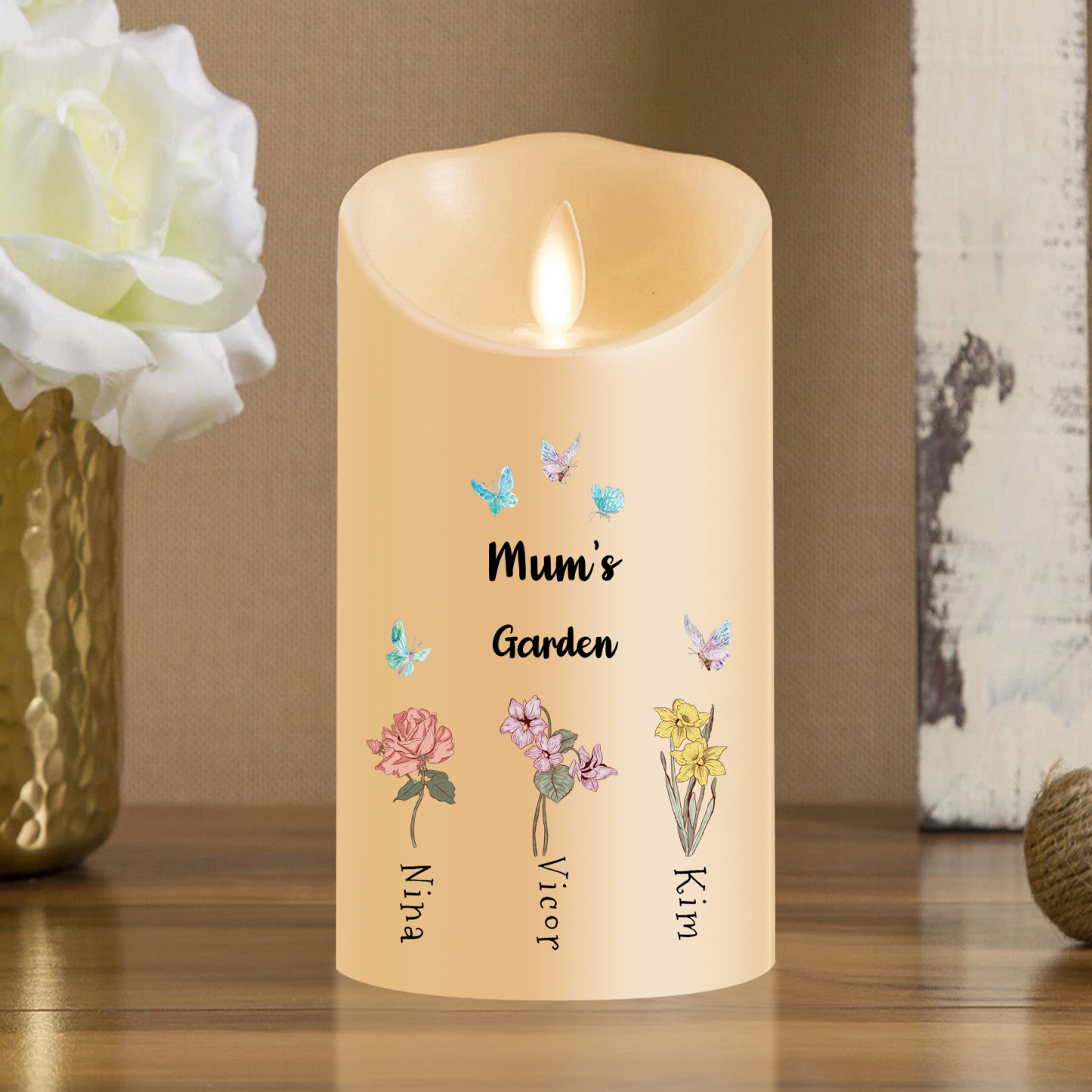 Personalised LED Flameless Candle, Custom 2 Texts & 1-6 Names Floral Gift For Her | Jessemade