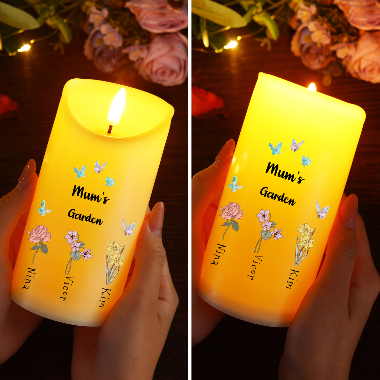 Personalised LED Flameless Candle, Custom 2 Texts & 1-6 Names Floral Gift For Her | Jessemade