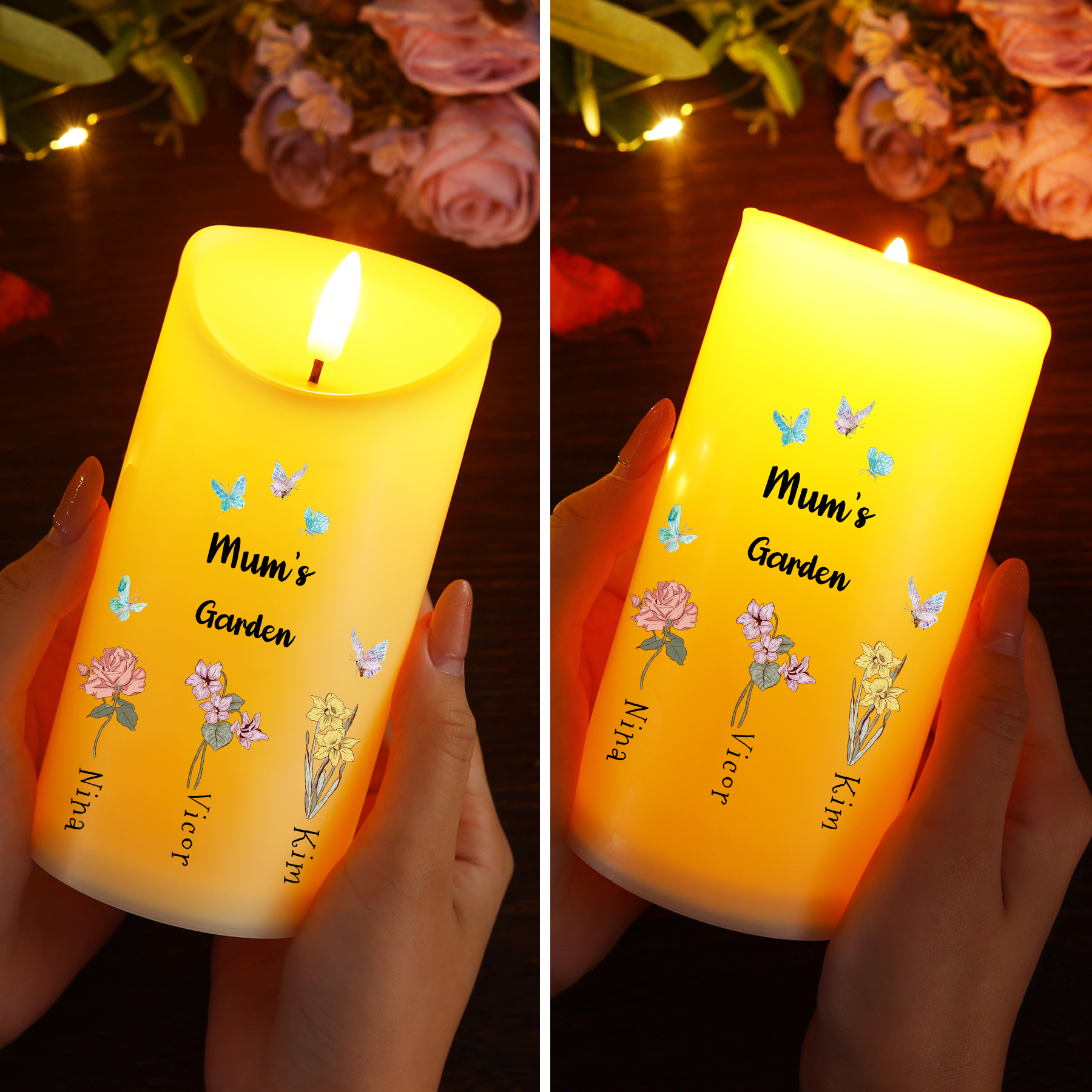 Personalised LED Flameless Candle, Custom 2 Texts & 1-6 Names Floral Gift For Her | Jessemade