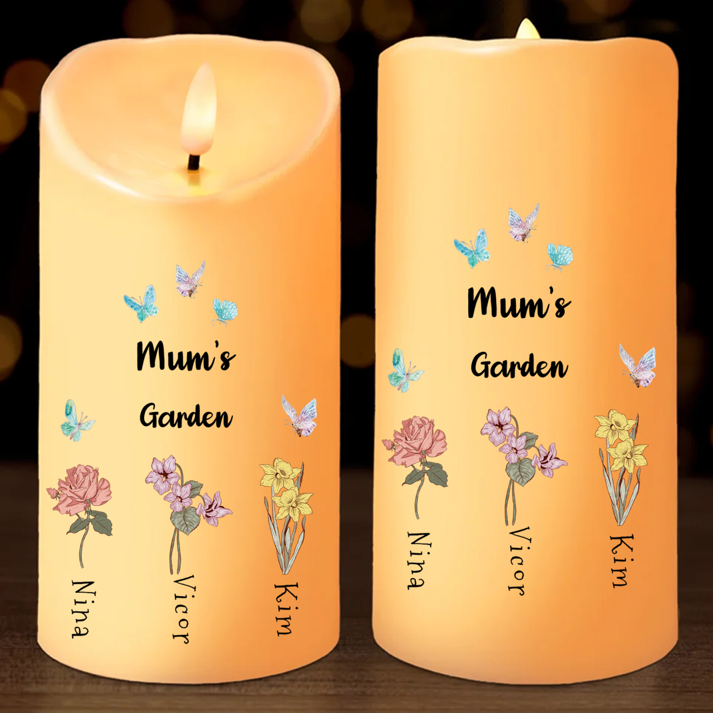 Personalised LED Flameless Candle, Custom 2 Texts & 1-6 Names Floral Gift For Her | Jessemade