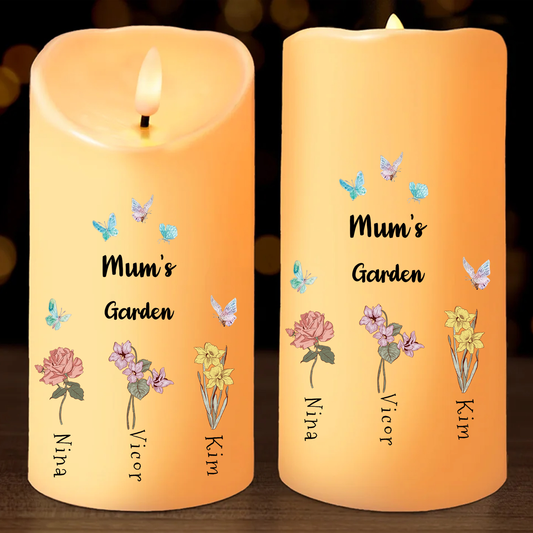 Personalised LED Flameless Candle, Custom 2 Texts & 1-6 Names Floral Gift For Her | Jessemade