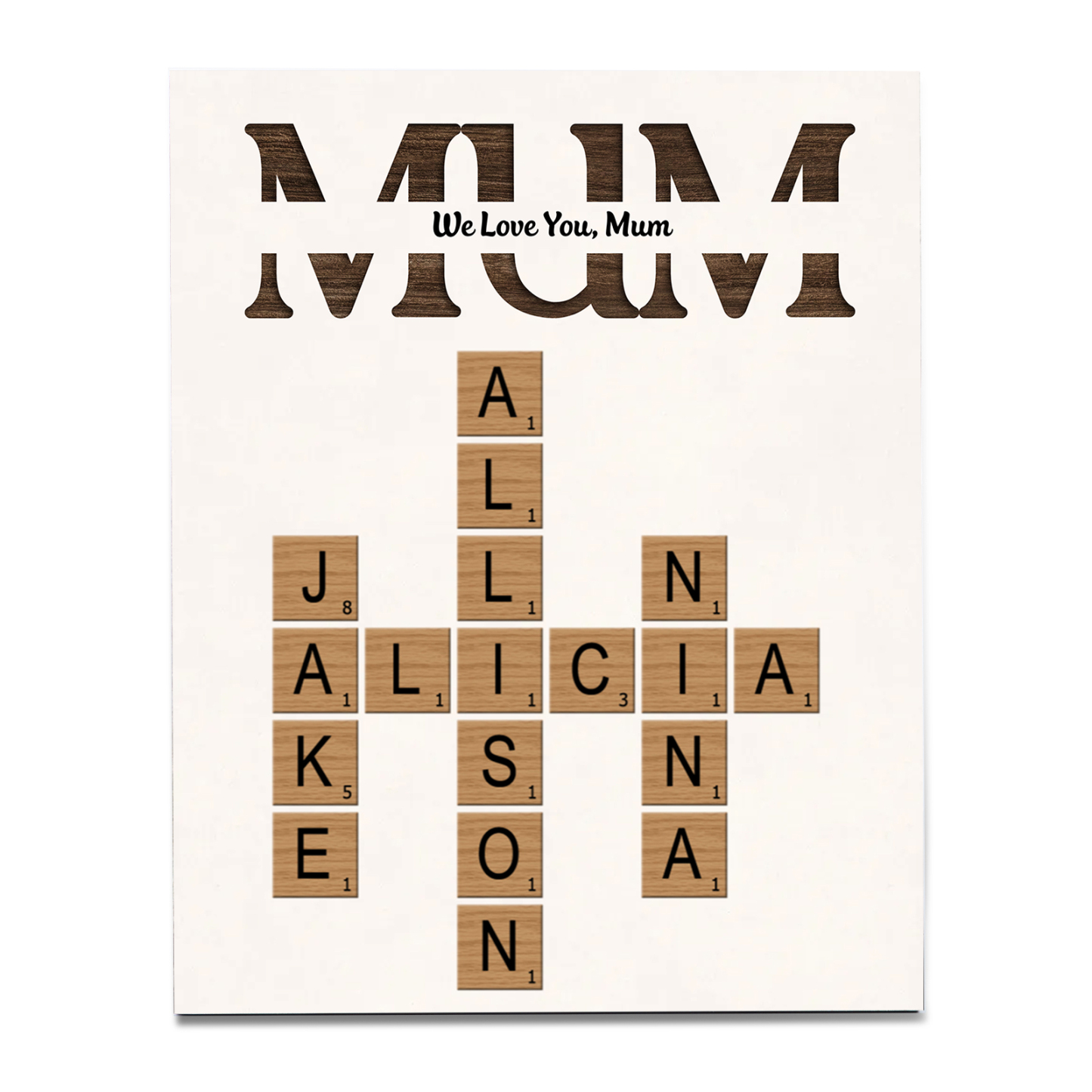 Personalised Crossword Wooden Ornament – with Custom 2-12 Names – "First Mum, Now Grandmother" – Unique Gift for Mum | Jessemade